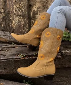 YL En Bloom | Sunflower Mid-Calf Knee Cowboy Boots - Beige