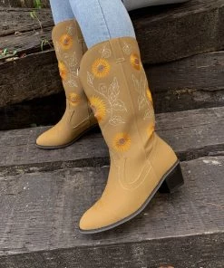 YL En Bloom | Sunflower Mid-Calf Knee Cowboy Boots - Beige