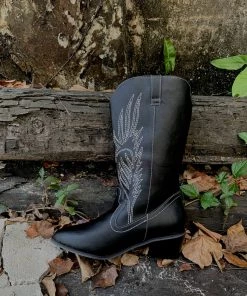 YL En Bloom | Angel Wing Embroidered Cowboy Heel Knee Boots - Black