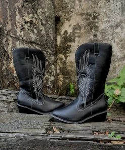 YL En Bloom | Angel Wing Embroidered Cowboy Heel Knee Boots - Black