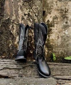 YL En Bloom | Angel Wing Embroidered Cowboy Heel Knee Boots - Black