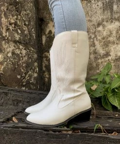 YL En Bloom | Angel Wing Embroidered Cowboy Comfy Heel Knee Boots - White New In Shoes