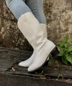 YL En Bloom | Angel Wing Embroidered Cowboy Comfy Heel Knee Boots - White New In Shoes