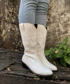 YL En Bloom | Angel Wing Embroidered Cowboy Comfy Heel Knee Boots - White New In Shoes