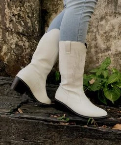 YL En Bloom | Angel Wing Embroidered Cowboy Comfy Heel Knee Boots - White New In Shoes