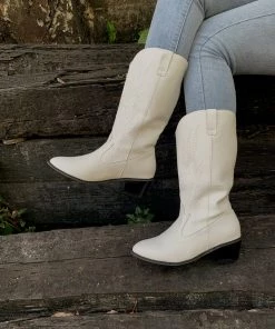 YL En Bloom | Angel Wing Embroidered Cowboy Comfy Heel Knee Boots - White New In Shoes
