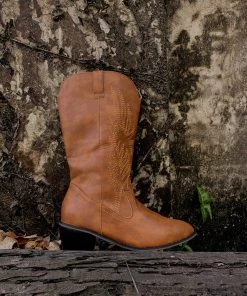 YL En Bloom | Angel Wing Embroidered Cowboy Heel Comfy Knee Boots - Brown