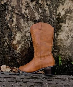 YL En Bloom | Angel Wing Embroidered Cowboy Heel Comfy Knee Boots - Brown