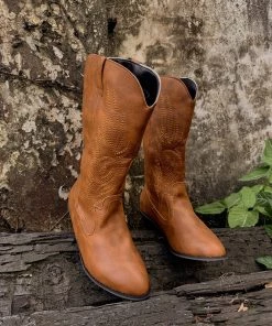 YL En Bloom | Angel Wing Embroidered Cowboy Heel Comfy Knee Boots - Brown