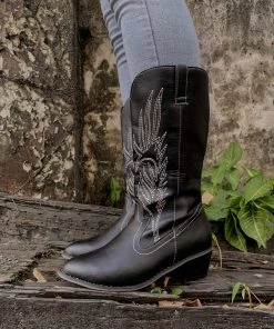 YL En Bloom | Angel Wing Embroidered Cowboy Heel Knee Boots - Black