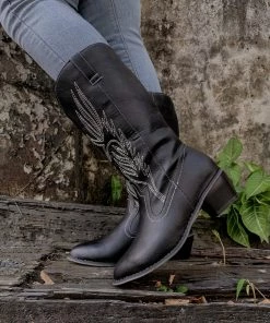 YL En Bloom | Angel Wing Embroidered Cowboy Heel Knee Boots - Black