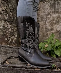 YL En Bloom | Angel Wing Embroidered Cowboy Heel Knee Boots - Black
