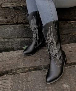YL En Bloom | Angel Wing Embroidered Cowboy Heel Knee Boots - Black