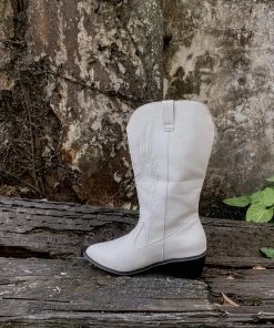 YL En Bloom | Angel Wing Embroidered Cowboy Comfy Heel Knee Boots - White New In Shoes
