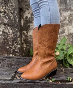 YL En Bloom | Angel Wing Embroidered Cowboy Heel Comfy Knee Boots - Brown