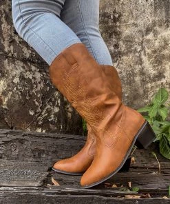 YL En Bloom | Angel Wing Embroidered Cowboy Heel Comfy Knee Boots - Brown