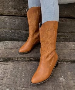 YL En Bloom | Angel Wing Embroidered Cowboy Heel Comfy Knee Boots - Brown