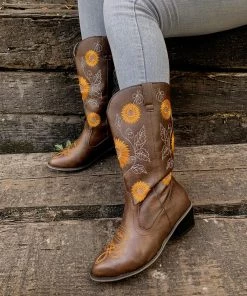 SMAIBULUN Sales 36 YL En Bloom | Sunflower Mid-Calf Cowboy Boots - Brown