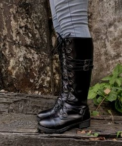 YL New In Shoes En Bloom | Trip-Strap Long Martin Low Heel Boots- Black