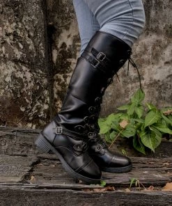 YL New In Shoes En Bloom | Trip-Strap Long Martin Low Heel Boots- Black