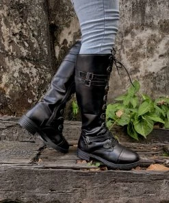 YL New In Shoes En Bloom | Trip-Strap Long Martin Low Heel Boots- Black