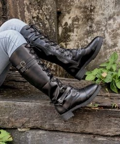 YL New In Shoes En Bloom | Trip-Strap Long Martin Low Heel Boots- Black