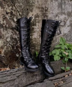 YL New In Shoes En Bloom | Trip-Strap Long Martin Low Heel Boots- Black