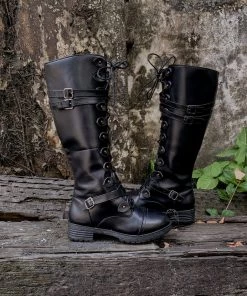 YL New In Shoes En Bloom | Trip-Strap Long Martin Low Heel Boots- Black