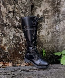 YL New In Shoes En Bloom | Trip-Strap Long Martin Low Heel Boots- Black