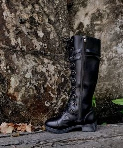 YL New In Shoes En Bloom | Trip-Strap Long Martin Low Heel Boots- Black