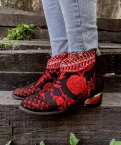 YL En Bloom | Rhinestone Ankle Floral-Embroidered Boot - Red