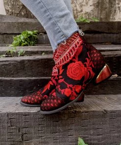 YL En Bloom | Rhinestone Ankle Floral-Embroidered Boot - Red