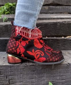YL En Bloom | Rhinestone Ankle Floral-Embroidered Boot - Red
