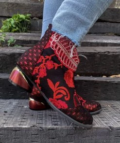 YL En Bloom | Rhinestone Ankle Floral-Embroidered Boot - Red