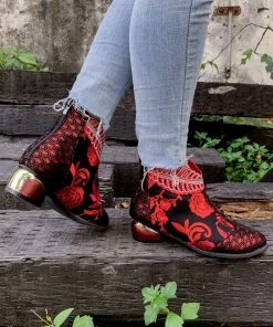 YL En Bloom | Rhinestone Ankle Floral-Embroidered Boot - Red