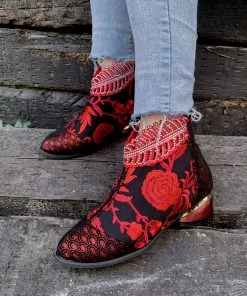 YL En Bloom | Rhinestone Ankle Floral-Embroidered Boot - Red