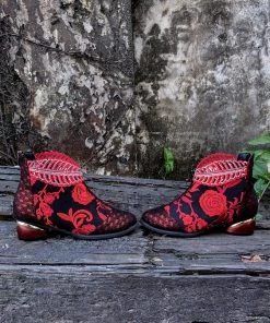 SMAIBULUN Sales 40 YL En Bloom | Rhinestone Ankle Floral-Embroidered Boot - Red