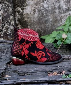 YL En Bloom | Rhinestone Ankle Floral-Embroidered Boot - Red
