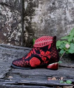 YL En Bloom | Rhinestone Ankle Floral-Embroidered Boot - Red