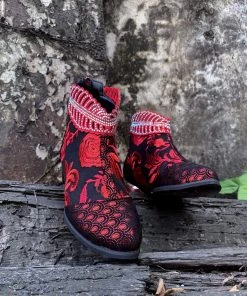 YL En Bloom | Rhinestone Ankle Floral-Embroidered Boot - Red