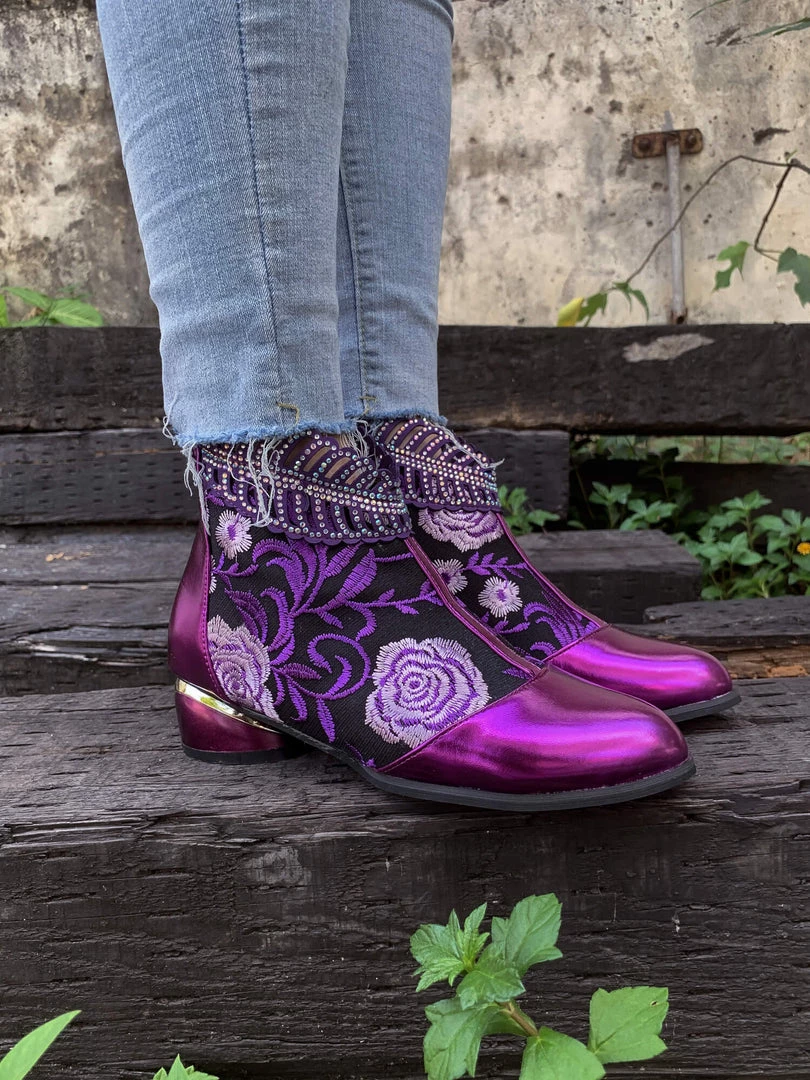 YL En Bloom | Rhinestone Ankle Floral-Embroidered Boot - Purple 3 YL En Bloom | Rhinestone Ankle Floral-Embroidered Boot - Purple