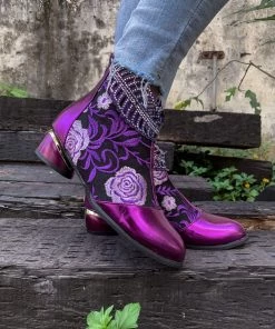 YL En Bloom | Rhinestone Ankle Floral-Embroidered Boot - Purple 14 YL En Bloom | Rhinestone Ankle Floral-Embroidered Boot - Purple