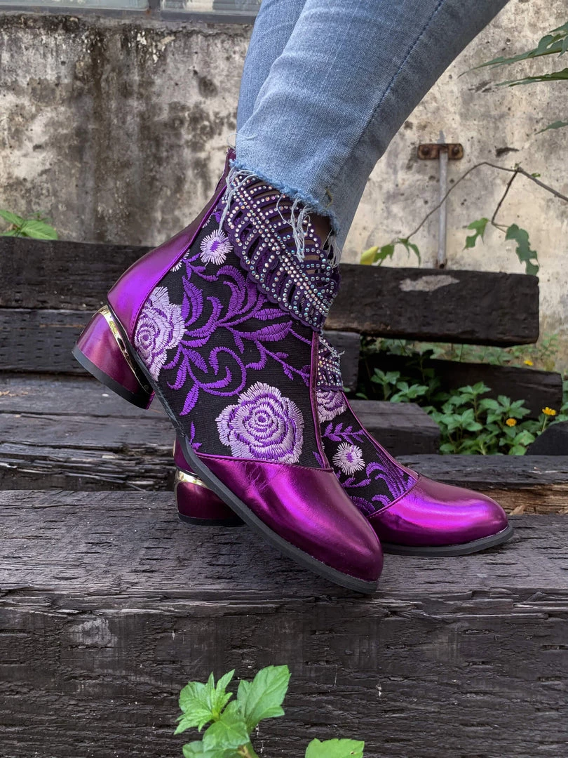 YL En Bloom | Rhinestone Ankle Floral-Embroidered Boot - Purple 5 YL En Bloom | Rhinestone Ankle Floral-Embroidered Boot - Purple