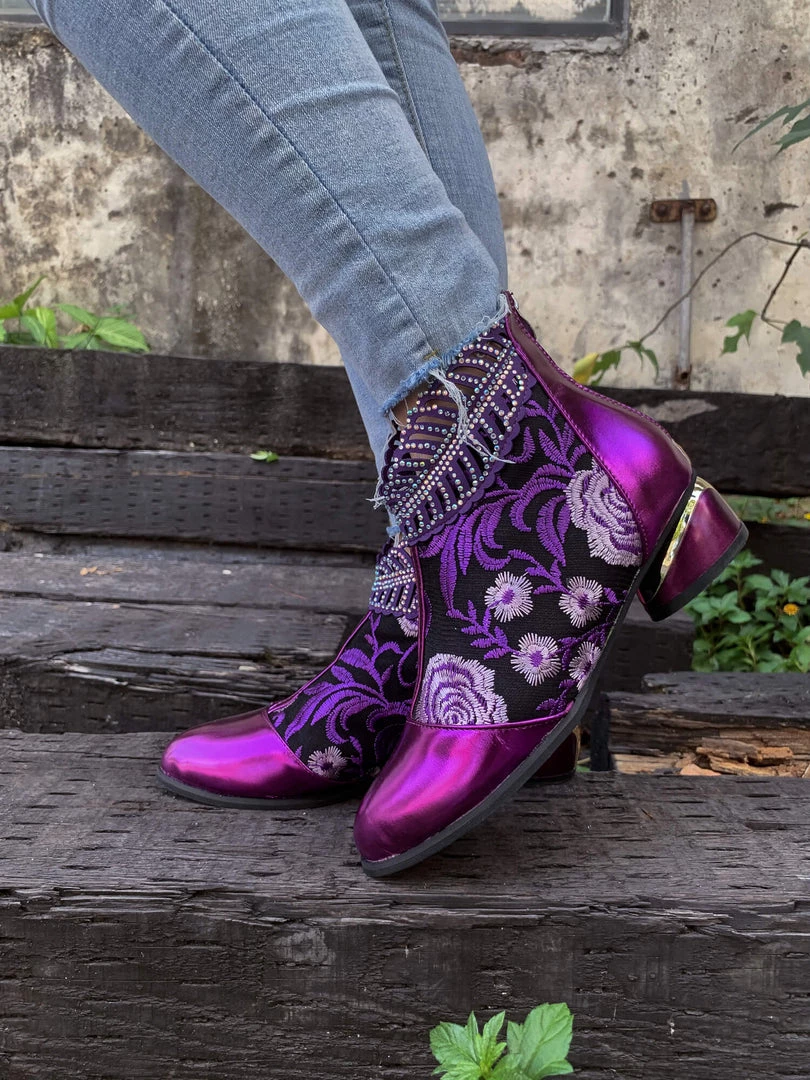 YL En Bloom | Rhinestone Ankle Floral-Embroidered Boot - Purple 7 YL En Bloom | Rhinestone Ankle Floral-Embroidered Boot - Purple
