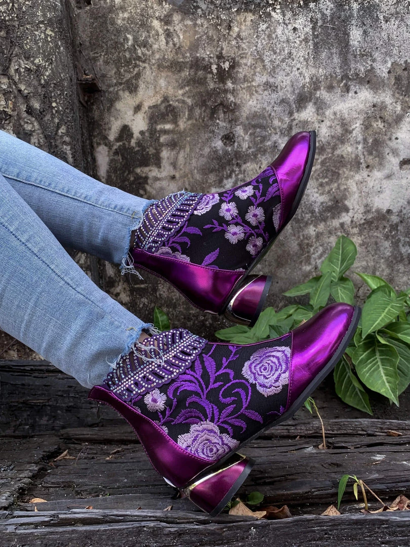 YL En Bloom | Rhinestone Ankle Floral-Embroidered Boot - Purple 9 YL En Bloom | Rhinestone Ankle Floral-Embroidered Boot - Purple