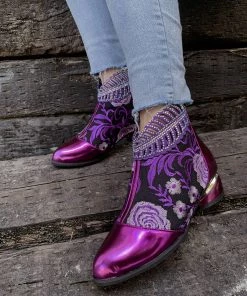 YL En Bloom | Rhinestone Ankle Floral-Embroidered Boot - Purple