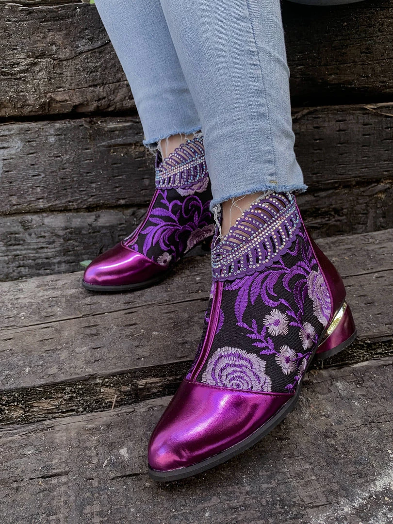 YL En Bloom | Rhinestone Ankle Floral-Embroidered Boot - Purple 1 YL En Bloom | Rhinestone Ankle Floral-Embroidered Boot - Purple