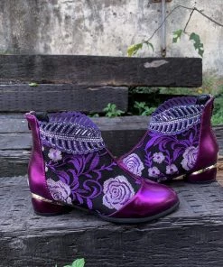 YL En Bloom | Rhinestone Ankle Floral-Embroidered Boot - Purple