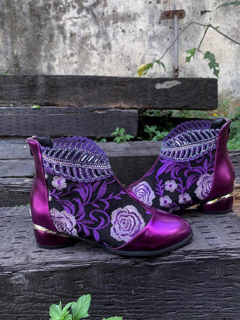 YL En Bloom | Rhinestone Ankle Floral-Embroidered Boot - Purple 2 YL En Bloom | Rhinestone Ankle Floral-Embroidered Boot - Purple