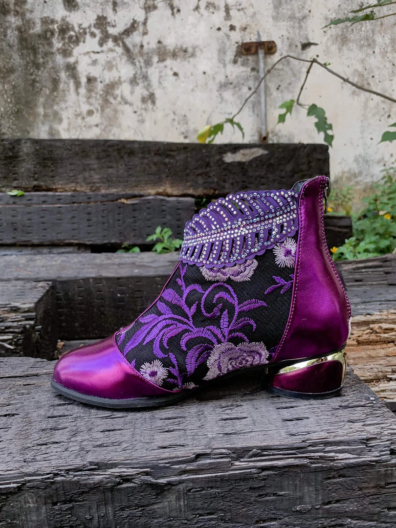 YL En Bloom | Rhinestone Ankle Floral-Embroidered Boot - Purple 10 YL En Bloom | Rhinestone Ankle Floral-Embroidered Boot - Purple